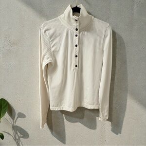 Athleta White Ribbed Button Down Long Sleeve Top